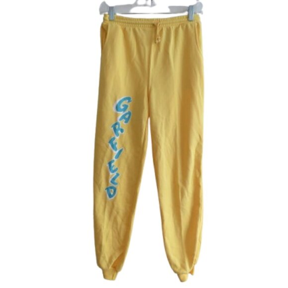 VINTAGE GARFIELD 1978 Yellow Cotton Joggers Pants Retro Cartoon - Size 26 Waist - Picture 1 of 10